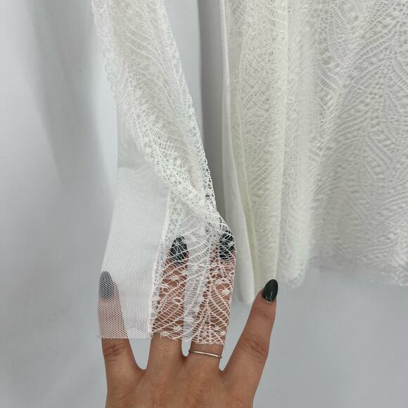 BCBGMAXAZRIA Lace Mesh Blouse White Long Sleeve Sheer Pullover Scoop Neck Small - Picture 7 of 8